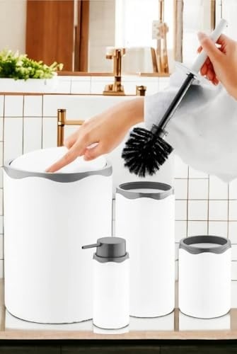 Prime Akrilik 5 Parça Modern Banyo Seti, Beyaz-Mat Gümüş, Çöp Kovası/tuvalet Fırçası/tuvalet Fırça Kabı/sıvı Sabunluk/diş Fırçalık