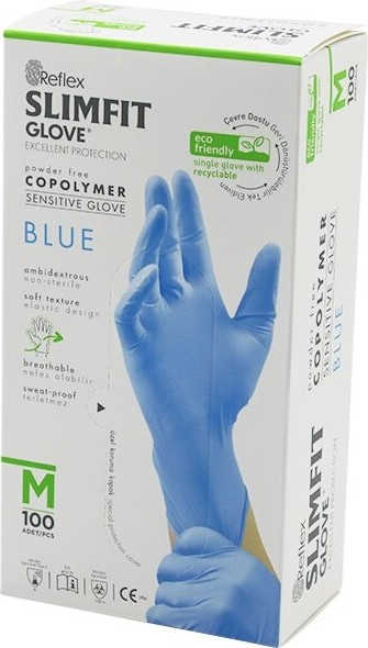 TeknoKapsül Reflex Slimfit Glove KOD-026 M Mavi Pudrasız Muayene Eldiven 100LÜ
