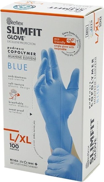 TeknoKapsül Reflex Slimfit Glove KOD-025 L-Xl Mavi Pudrasız Muayene Eldiven 100LÜ