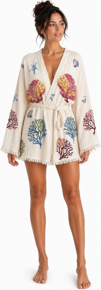 Mulberry Sedna Kadın Ekru Müslin Kimono Bornoz, Kuşaklı, Püskül Detaylı, Oversize Rahat Kesim Plaj & Ev Giyim görsel 7