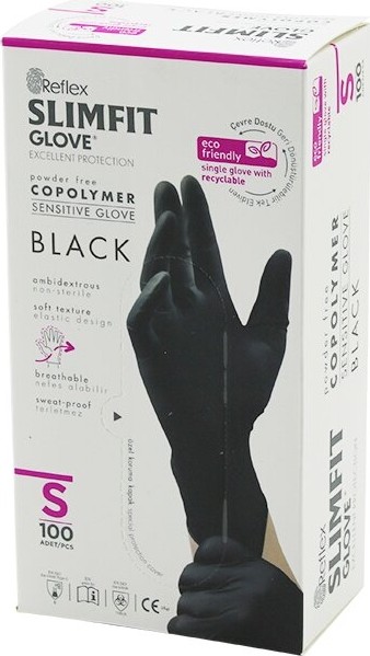 TeknoKapsül Reflex Slimfit Glove KOD-033 S Siyah Pudrasız Muayene Eldiven 100LÜ (5643)