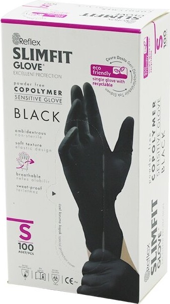 Dorasan Reflex Slimfit Glove KOD-033 S Siyah Pudrasız Muayene Eldiven 100LÜ