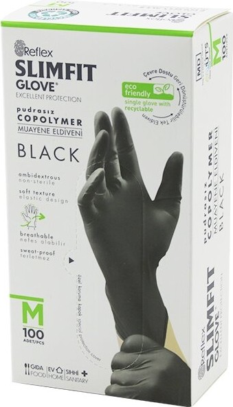 TeknoKapsül Reflex Slimfit Glove KOD-032 M Siyah Pudrasız Muayene Eldiven 100LÜ