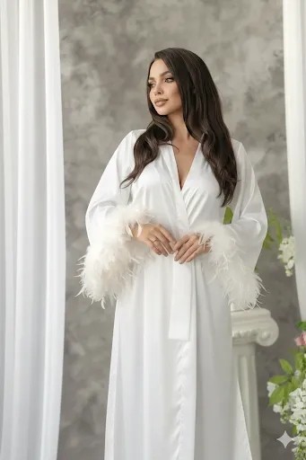 La Donna Kolları Otrişli Ipeksi Saten Tüylü Gelin Sabahlığı Kadın Şık Desenli Uzun Kol