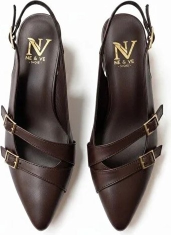 Ne&Ve Shoes Siyah Deri Üç Tokalı Kadın Sivri Burun Kalın Topuklu Ayakkabı