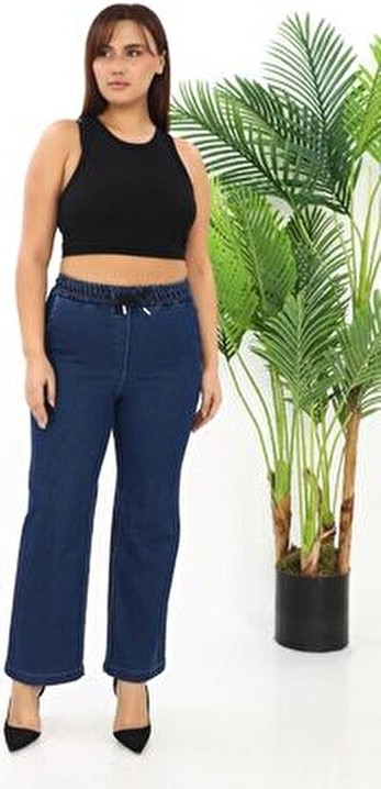 Gül Moda Beli Lastikli Bol Paça Kadın Kot Pantolon Likralı Pamuklu Lacivert G115-1 görsel 3