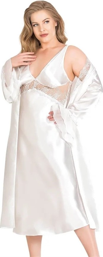 Ang Butik Premium Büyük Beden Ekru Uzun Ikili Saten Sabahlık Gecelik Takımı görsel 2