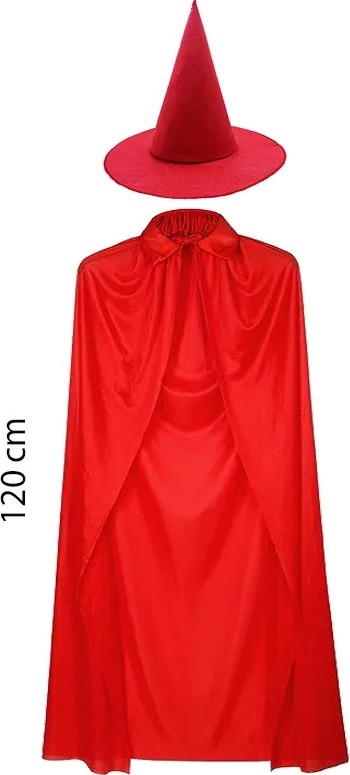 TeknoKapsül Yetişkin Boy 120 cm Kırmızı Yakalı Pelerin ve Kırmızı Cadı Şapkası