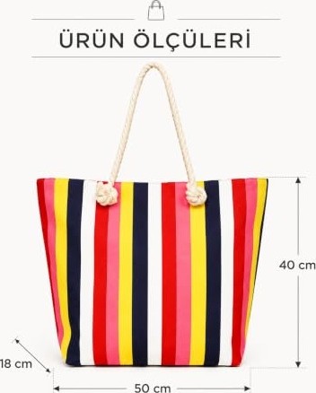 1001 Myzi Store Kadın Plaj Çantası Fermuarlı Ipli Cepli Geniş Büyük Çizgi Gökkuşağı Desenli görsel 4