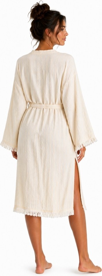 Mulberry Natural Touch Müslin Kimono Bornoz, Püskül Detaylı Yırtmaçlı Spa & Plaj Kimonosu görsel 2