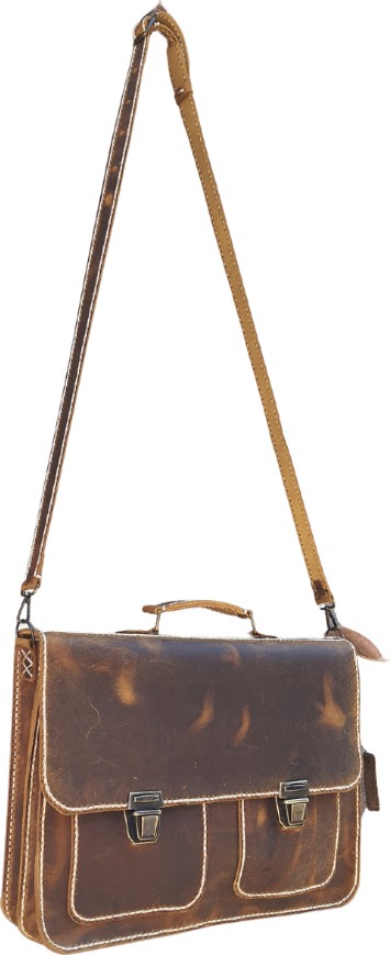 Semiramis Zeus Model Deri El Yapımı Çift Körüklü Evrak Çantası Unisex Taba Vintage Model görsel 3