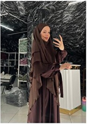 Fashion Journey Koldan Baglamalı Takım Tesettur Morn Abaya Balon Kolekstra Şalş Şifon Suffle Şal Hazır Peçeli Hac görsel 2