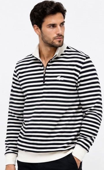 Lacoste Fermuar Yaka Çizgili Regular Fit Ekru Uzun Kol görsel 3
