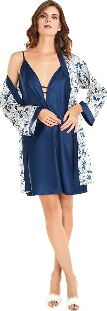Ang Butik Özel Tasarım Mavi Saten Emprime Baskılı Ikili Kısa Sabahlık Gecelik Takımı