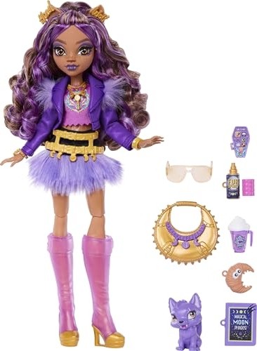 Die Grup Monster High Mor Motosiklet Ceketi ve Tüylü Etek Giyen Monster High Clawdeen Wolf Bebek, Kurt Crescent ve Kitap, Kruvasan ve Çanta Gibi 7 Aksesuar, JHK30 görsel 5