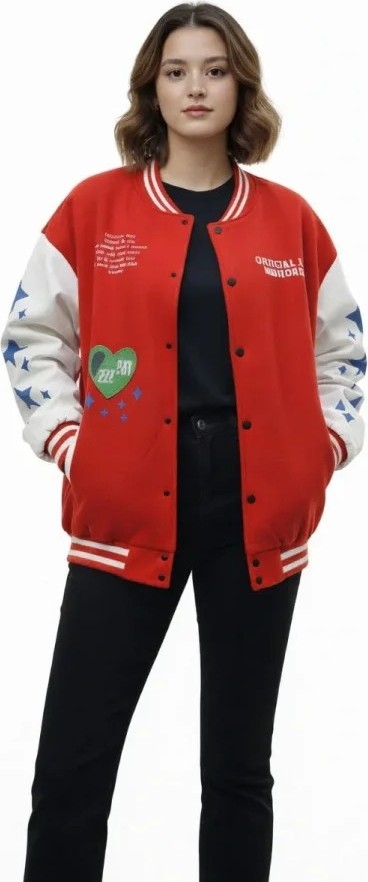 Veraura Lifestyle Kırmızı Varsity Çıtçıtlı Baskılı Oversize Kalıp Kolej Ceket - Kırmızı