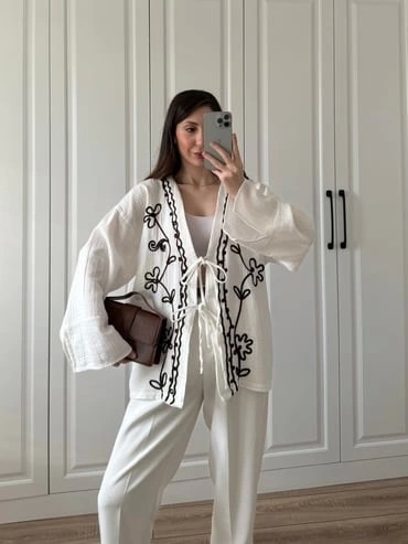 Depo Tekstil Krem Nakış Işlemeli Müslin Kimono görsel 2