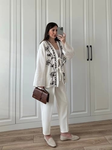 Depo Tekstil Krem Nakış Işlemeli Müslin Kimono görsel 3