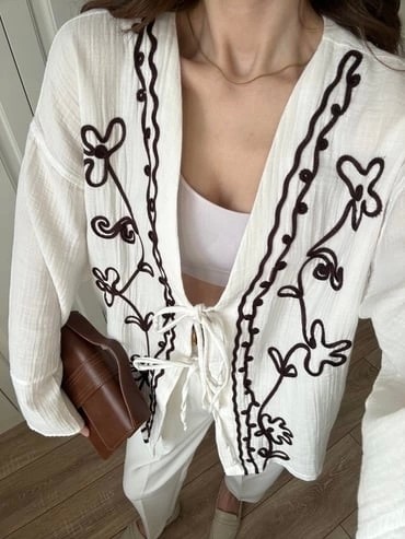 Depo Tekstil Krem Nakış Işlemeli Müslin Kimono görsel 4