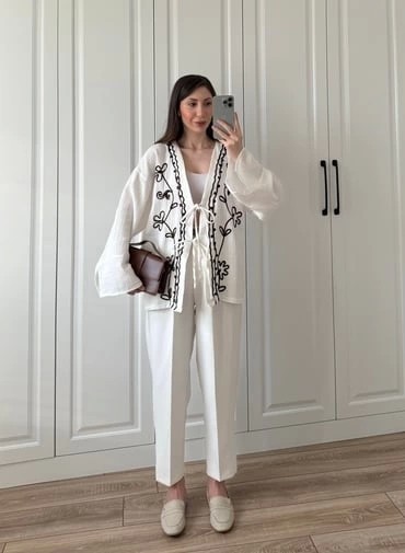 Depo Tekstil Krem Nakış Işlemeli Müslin Kimono