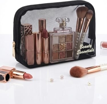 1001 Beauty Essentials Şeffaf File Makyaj Çantası - Siyah Transparan Kozmetik Düzenleyici ve Seyahat görsel 2