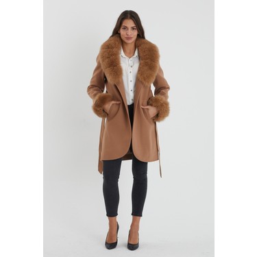 Nero Leather Fur Kamel Kadın Kaşe Kaban Yaka ve Manşet Kürk Fiyatı