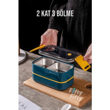 m*cafe　2点セット Vagonlife 1400 ml Iki Kat Üç Bölme Paslanmaz Çelik Bento Fiyatı