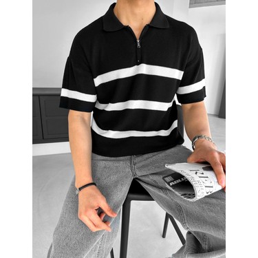 Abluka Online Erkek Yazlık Oversize Fit Fermuarlı Polo Yaka Çizgili Triko  T-Shirt