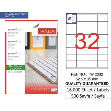 Tanex Lazer Etiket tw-2032 500 A4 Sayfa Laser Etiket 52 x 35 Fiyatı
