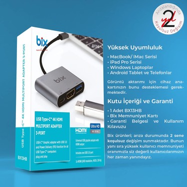 Bix BX13HB 3in1 Type-C 4K@30Hz HDMI, PD Şarj, USB 3.0, iPad Fiyatı