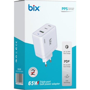 Bix BX3P65G Gan 65W USB Qc 4.0 ve 2*type-C Pd 3.0 Üç Portlu Fiyatı