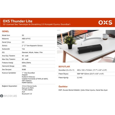 Oxs Thunder Lite PC Oyun Soundbar | Sanal Surround | 2.0 | Fiyatı