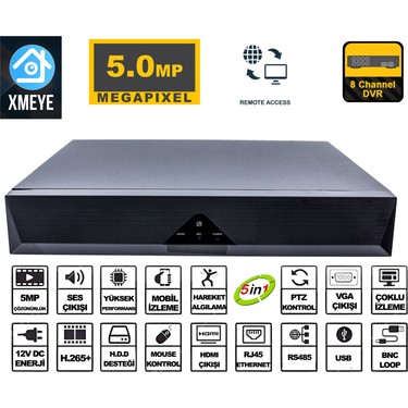 Xmeye 8 Kanal 5 mp 1080P Kamera Kayıt Cihazı Ahd Dvr H265+ Fiyatı
