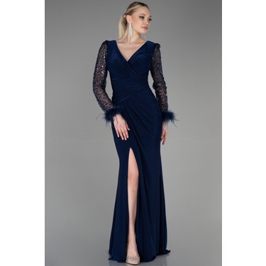 Abiyefon Pullu Uzun Kol Yırtmaçlı Abiye Elbise ABU3008 Fiyatı