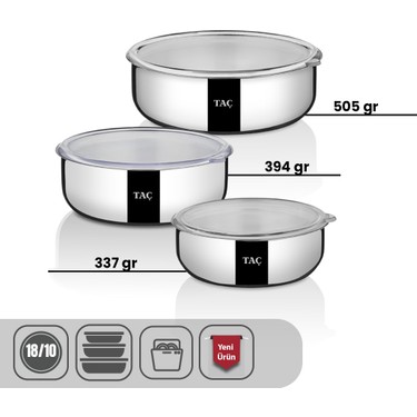 DSカセット 3セット  5800円 Taç Triobox Çelik Saklama Kabı Seti (16-18-20 cm) 6 Parça Fiyatı