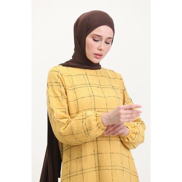 Tuvit Kareli Elbise 0531-04 Sarı Fiyatı - Taksit Seçenekleri 