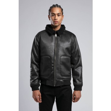 ララ Lela Oversize Kruvaze Yaka Peluş Detaylı Suni Deri Biker Ceket