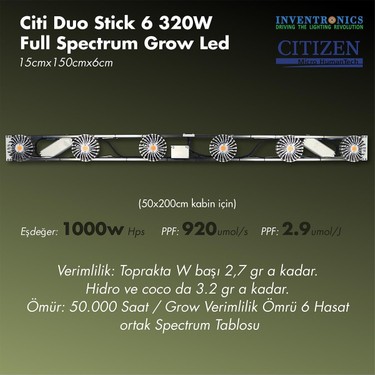 Citi 6 Duo Stick 320W Full Spectrum Grow LED Lamba Fiyatı