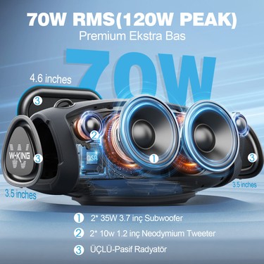 W-KING X10 ワイヤレススピーカー ストラップ付き W-Kıng X10 Bluetooth Hoparlör 120W Xtreme Bass 42S Dinleme Fiyatı