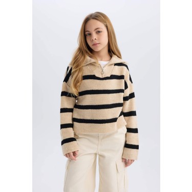 DeFacto Kız Çocuk Standart Fit Dik Yaka Fermuarlı Çizgili Fiyatı