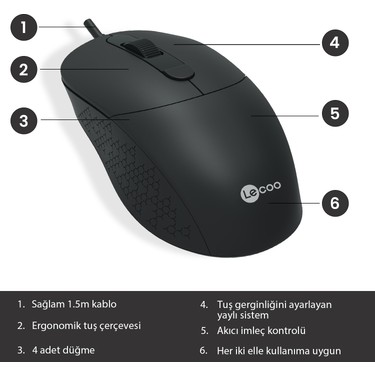 Lecoo MS102 USB Kablolu 2400DPI 4 Tuşlu Optik Mouse Siyah Fiyatı