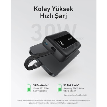 Anker Zolo Powerbank (10K, 30W, Dahili USB-C Kablo) - Siyah Fiyatı