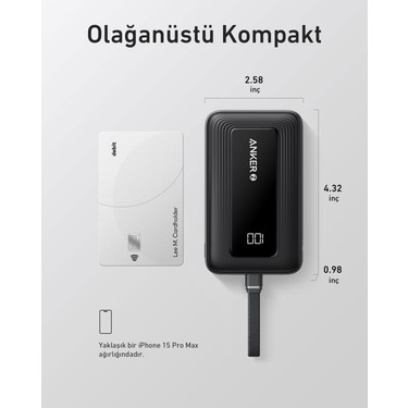 Anker Zolo Powerbank (10K, 30W, Dahili USB-C Kablo) - Siyah Fiyatı