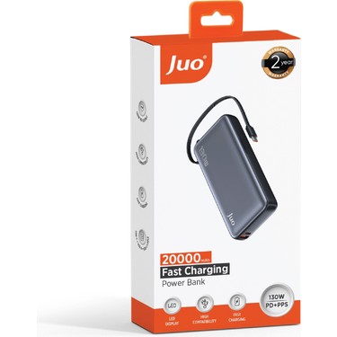 Juo 20000 mAh 130W LED Ekranlı Usb-A + Type-C Kablolu Fiyatı