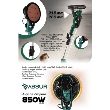 Assur 850W Alçıpan Duvar Zımpara Makinası 360° Ledli Toz Fiyatı