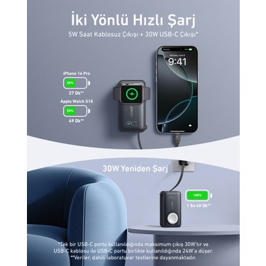 Anker MagGo Powerbank (10K, 35W, Apple Watch Için) - Siyah - Fiyatı