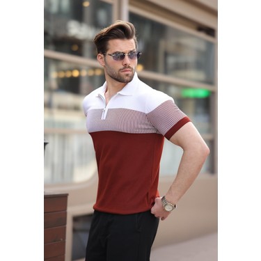 Kiremit Renk Bloklu Polo Yaka Triko Erkek T-Shirt E7409 Fiyatı