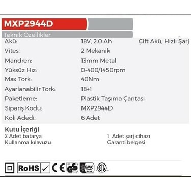 Max Extra MXP2944D Akülü Darbeli Matkap 18VOLT - 2 Amper Fiyatı