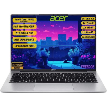 acer Aspire corei3 HDD450 8M Win10 ノートPC Acer Aspire Lite Intel Core I3-N300 8gb 512GB SSD Freedos Fiyatı