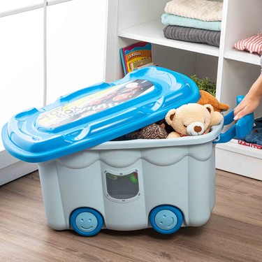 マックストイ　大海魔 ブルー成型 MAXTOY 大きめのミドルサイズ Bee Home 50 lt Mavi Tekerlekli Oyuncak Kutusu Kapaksız Fiyatı